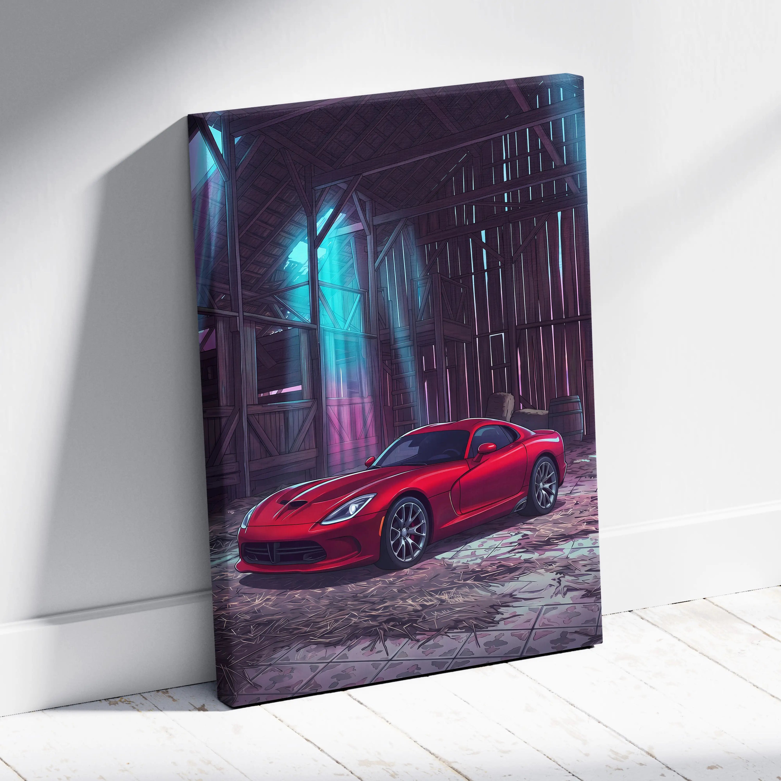 Dodge Viper Inspired Red Teal Canvas Wall Art, Vaporwave Sports Car Artwork, Neon Barn Garage Decor, Retro Futuristic Muscle Car Print