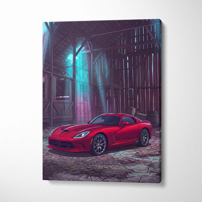 Dodge Viper Inspired Red Teal Canvas Wall Art, Vaporwave Sports Car Artwork, Neon Barn Garage Decor, Retro Futuristic Muscle Car Print