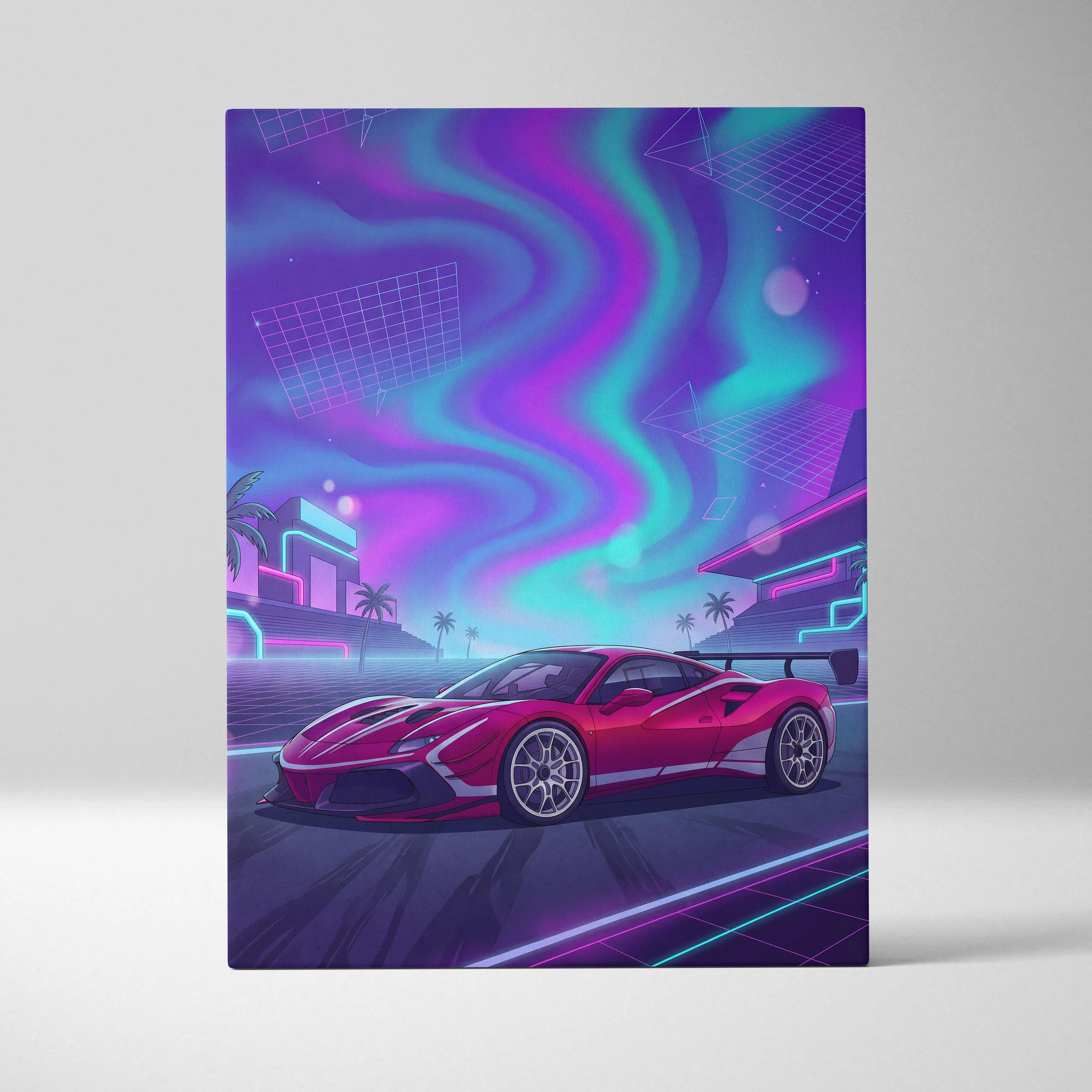 Vibrant red ferrari 488 pista inspired canvas wall art with sleek aerodynamic lines in neon cyberpunk style