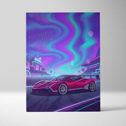 Ferrari 488 Pista Inspired Red Purple Canvas Wall Art, Vaporwave Track Car Artwork, Neon City Garage Decor, Retro Futuristic Motorsport Print