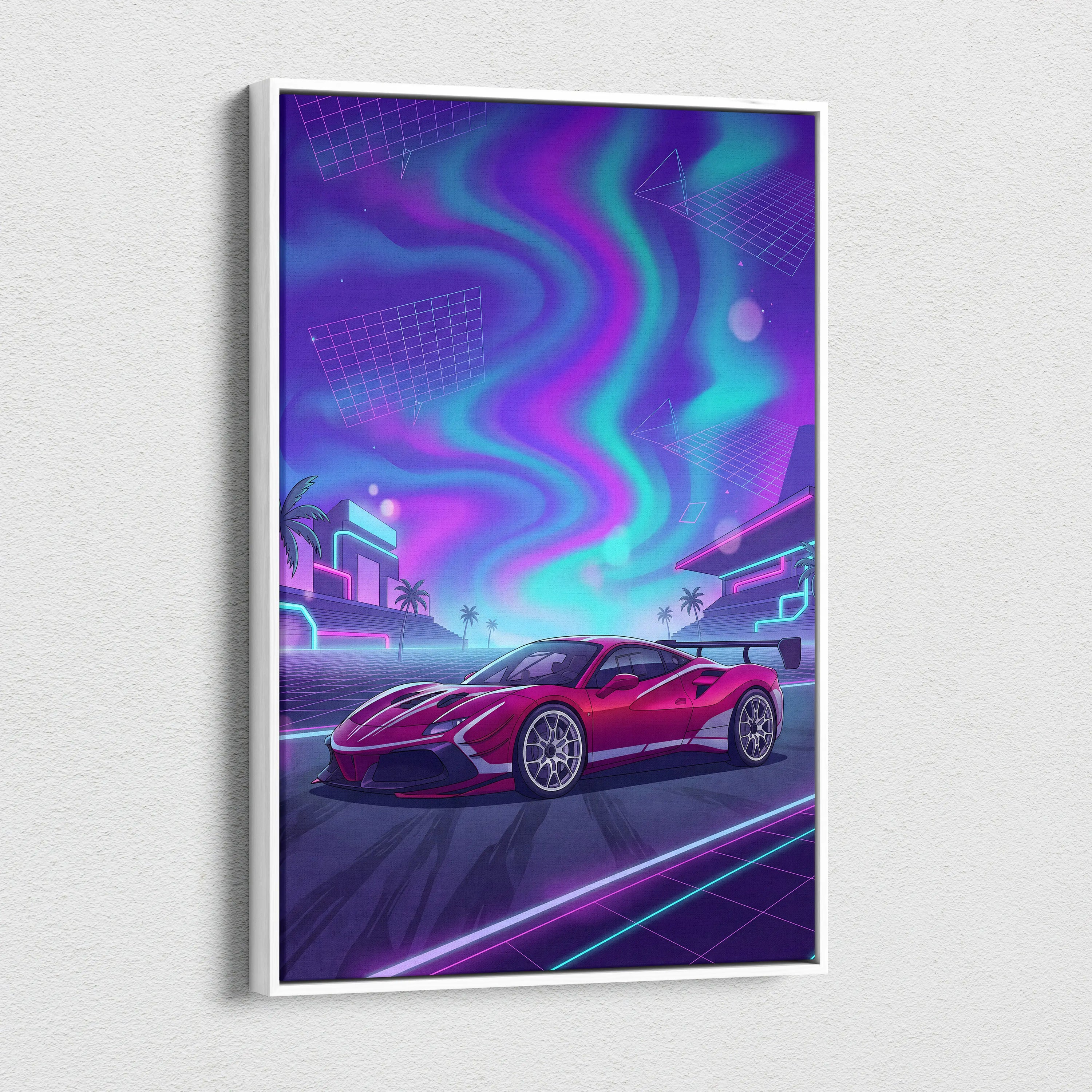 Ferrari 488 Pista Inspired Red Purple Canvas Wall Art, Vaporwave Track Car Artwork, Neon City Garage Decor, Retro Futuristic Motorsport Print