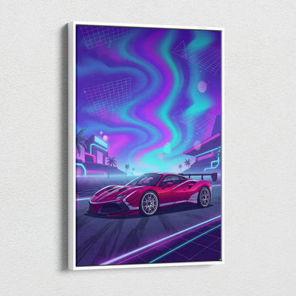 Ferrari 488 Pista Inspired Red Purple Canvas Wall Art, Vaporwave Track Car Artwork, Neon City Garage Decor, Retro Futuristic Motorsport Print