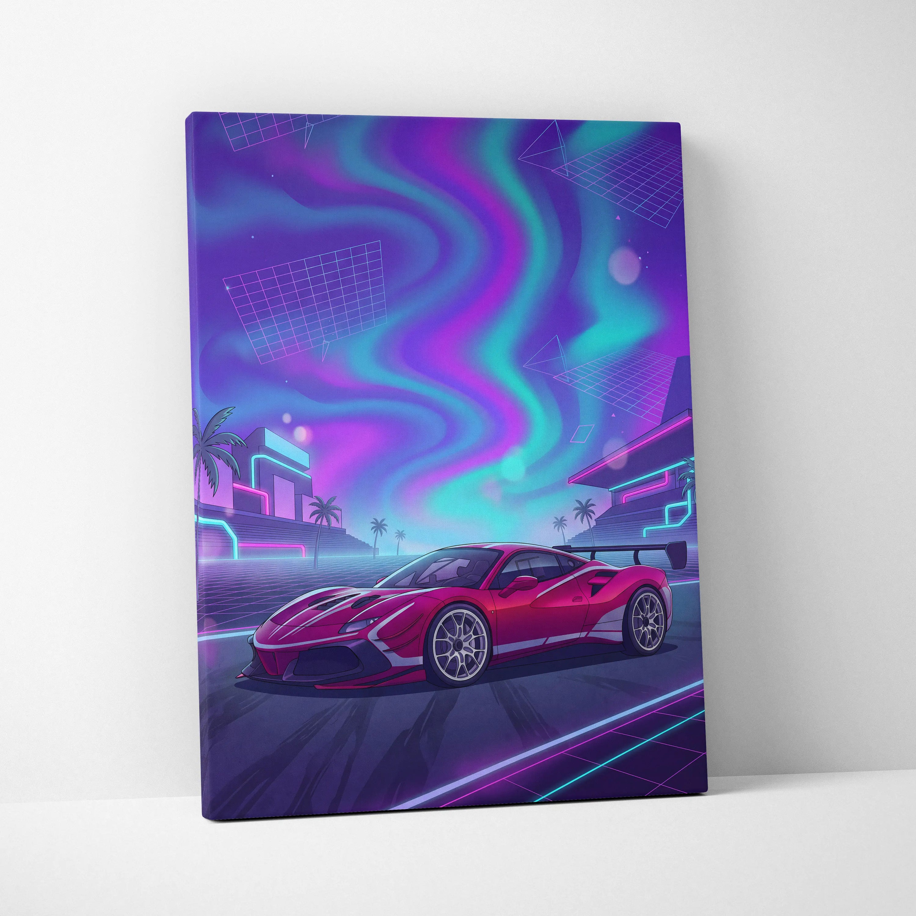 Ferrari 488 Pista Inspired Red Purple Canvas Wall Art, Vaporwave Track Car Artwork, Neon City Garage Decor, Retro Futuristic Motorsport Print