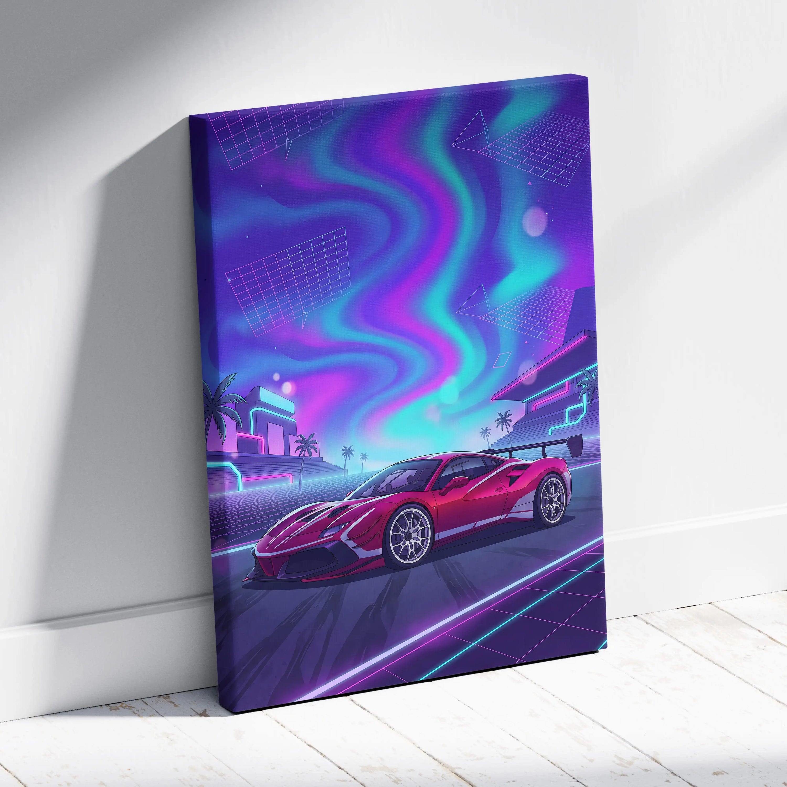 Ferrari 488 Pista Inspired Red Purple Canvas Wall Art, Vaporwave Track Car Artwork, Neon City Garage Decor, Retro Futuristic Motorsport Print