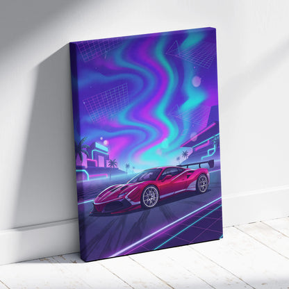 Ferrari 488 Pista Inspired Red Purple Canvas Wall Art, Vaporwave Track Car Artwork, Neon City Garage Decor, Retro Futuristic Motorsport Print