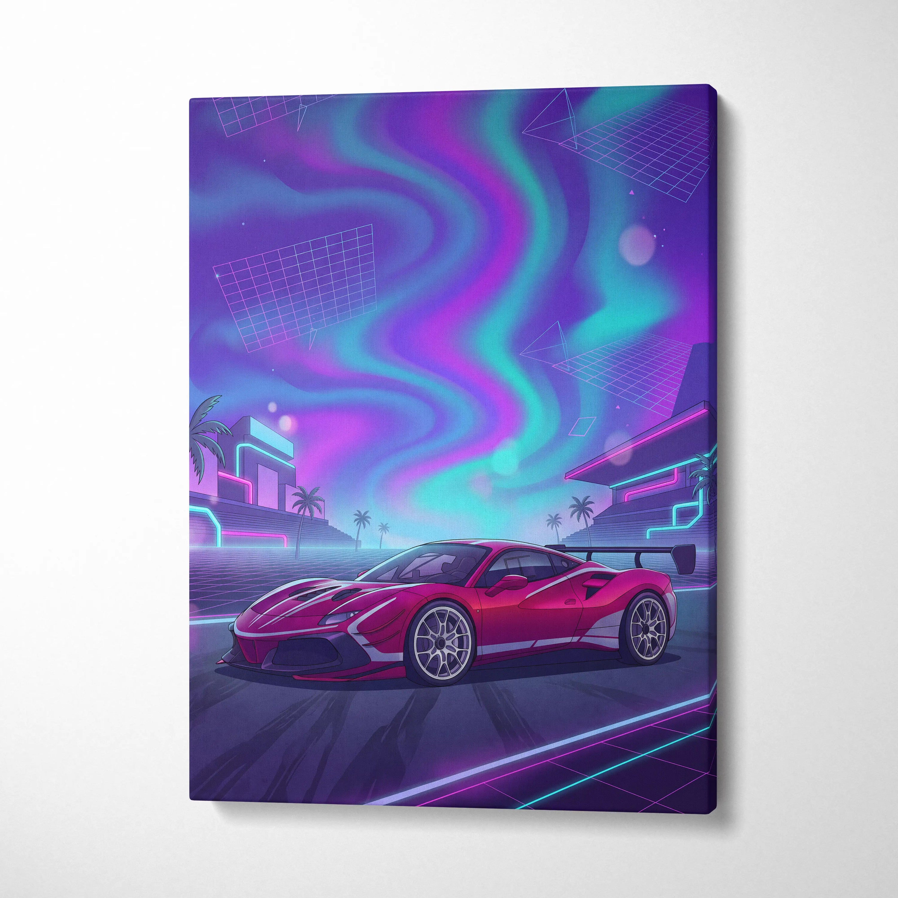 Ferrari 488 Pista Inspired Red Purple Canvas Wall Art, Vaporwave Track Car Artwork, Neon City Garage Decor, Retro Futuristic Motorsport Print