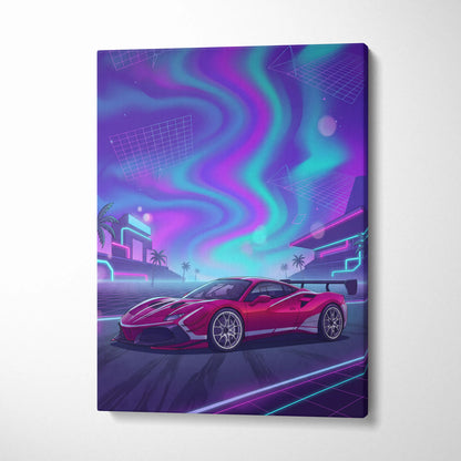 Ferrari 488 Pista Inspired Red Purple Canvas Wall Art, Vaporwave Track Car Artwork, Neon City Garage Decor, Retro Futuristic Motorsport Print