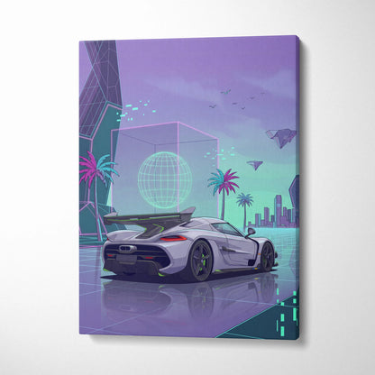 Koenigsegg Jesko Inspired White Purple Canvas Wall Art, Vaporwave Hypercar Artwork, Neon City Garage Decor, Retro Futuristic Exotic Print