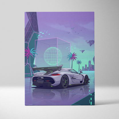 Koenigsegg Jesko Inspired White Purple Canvas Wall Art, Vaporwave Hypercar Artwork, Neon City Garage Decor, Retro Futuristic Exotic Print