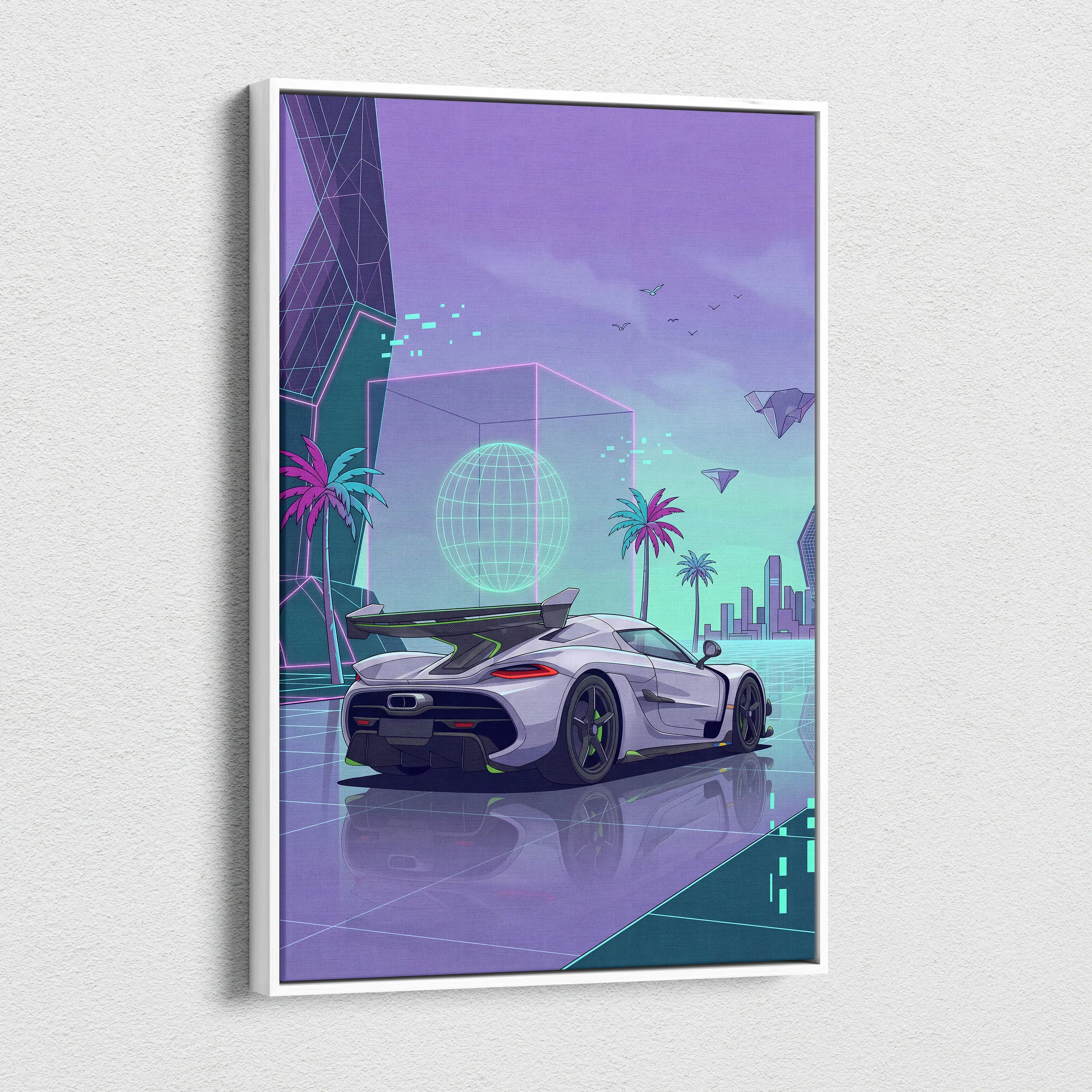 Koenigsegg Jesko Inspired White Purple Canvas Wall Art, Vaporwave Hypercar Artwork, Neon City Garage Decor, Retro Futuristic Exotic Print