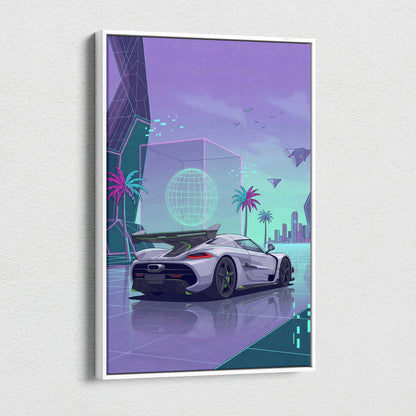 Koenigsegg Jesko Inspired White Purple Canvas Wall Art, Vaporwave Hypercar Artwork, Neon City Garage Decor, Retro Futuristic Exotic Print