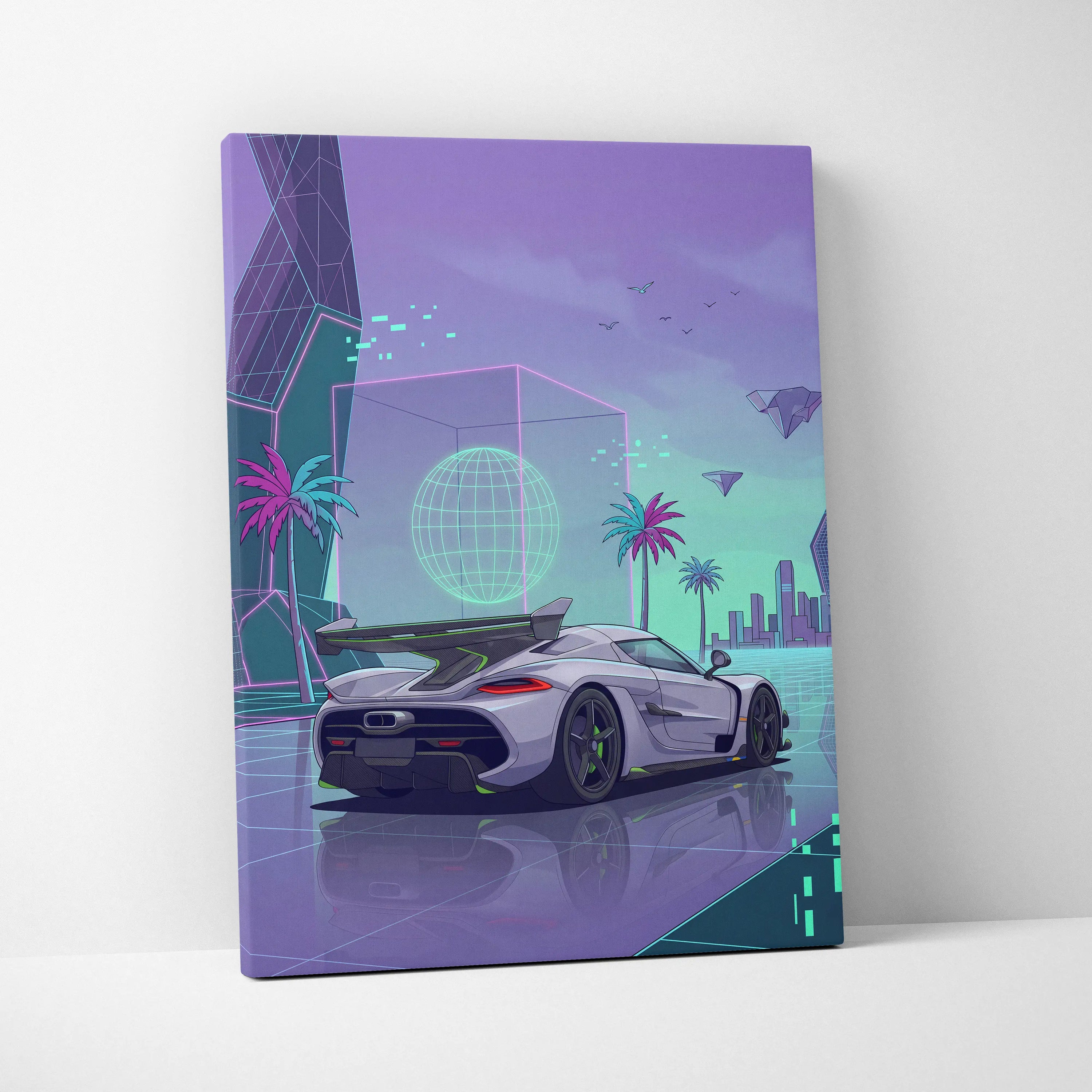 Koenigsegg Jesko Inspired White Purple Canvas Wall Art, Vaporwave Hypercar Artwork, Neon City Garage Decor, Retro Futuristic Exotic Print