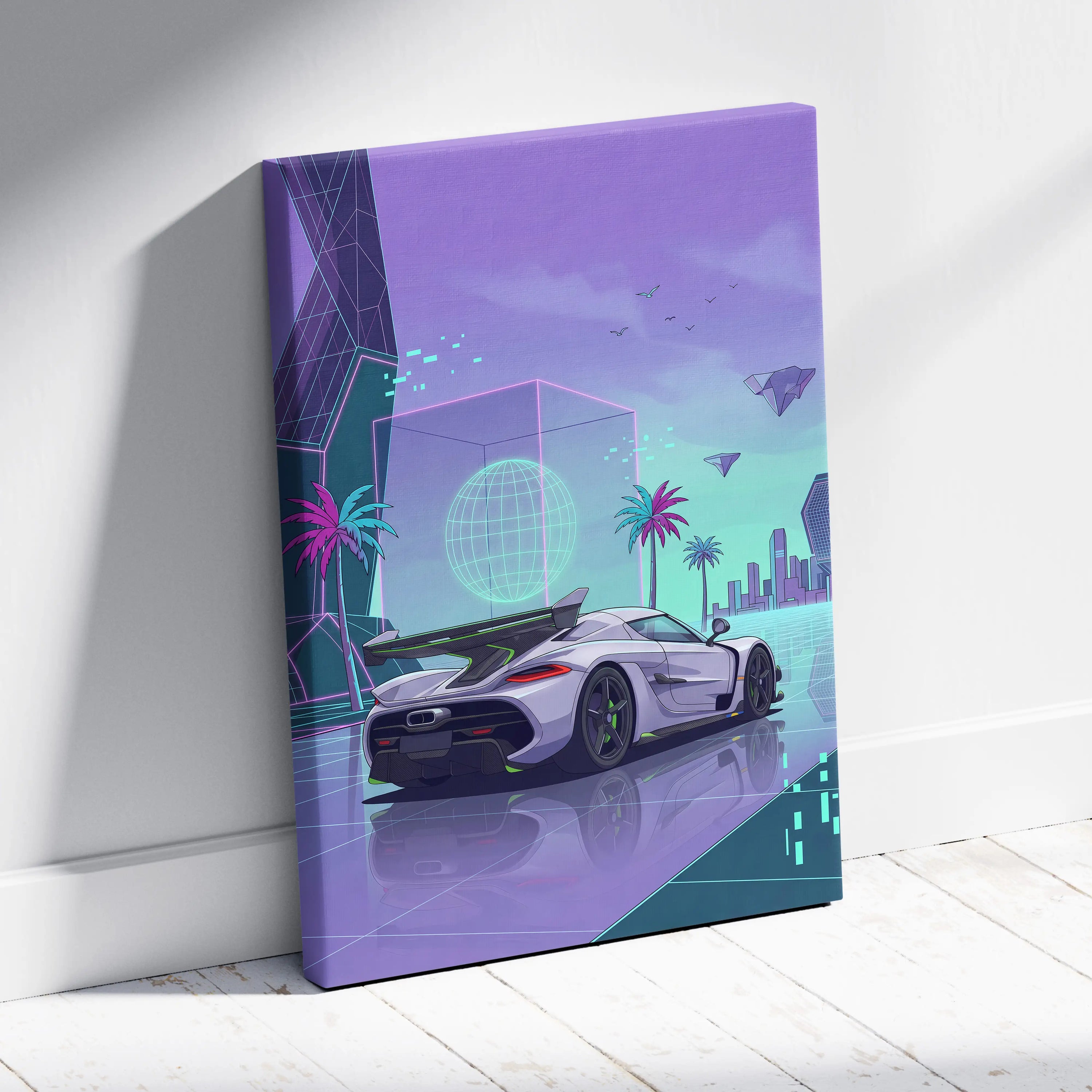 Koenigsegg Jesko Inspired White Purple Canvas Wall Art, Vaporwave Hypercar Artwork, Neon City Garage Decor, Retro Futuristic Exotic Print