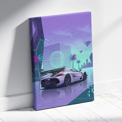 Koenigsegg Jesko Inspired White Purple Canvas Wall Art, Vaporwave Hypercar Artwork, Neon City Garage Decor, Retro Futuristic Exotic Print