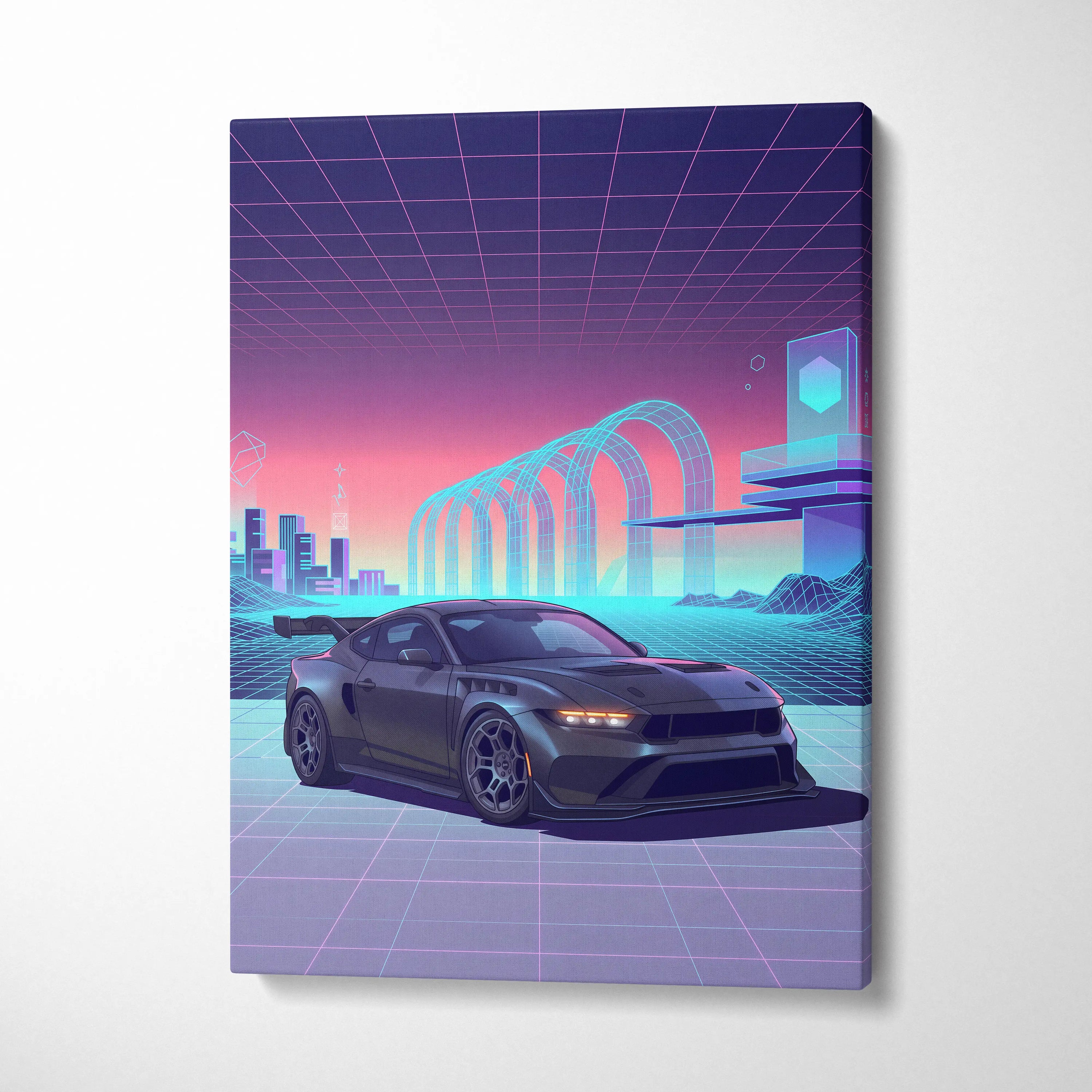 Ford Mustang Dark Horse Inspired Gray Purple Canvas Wall Art, Vaporwave Muscle Car Artwork, Neon Grid Garage Decor, Retro Futuristic Auto Print