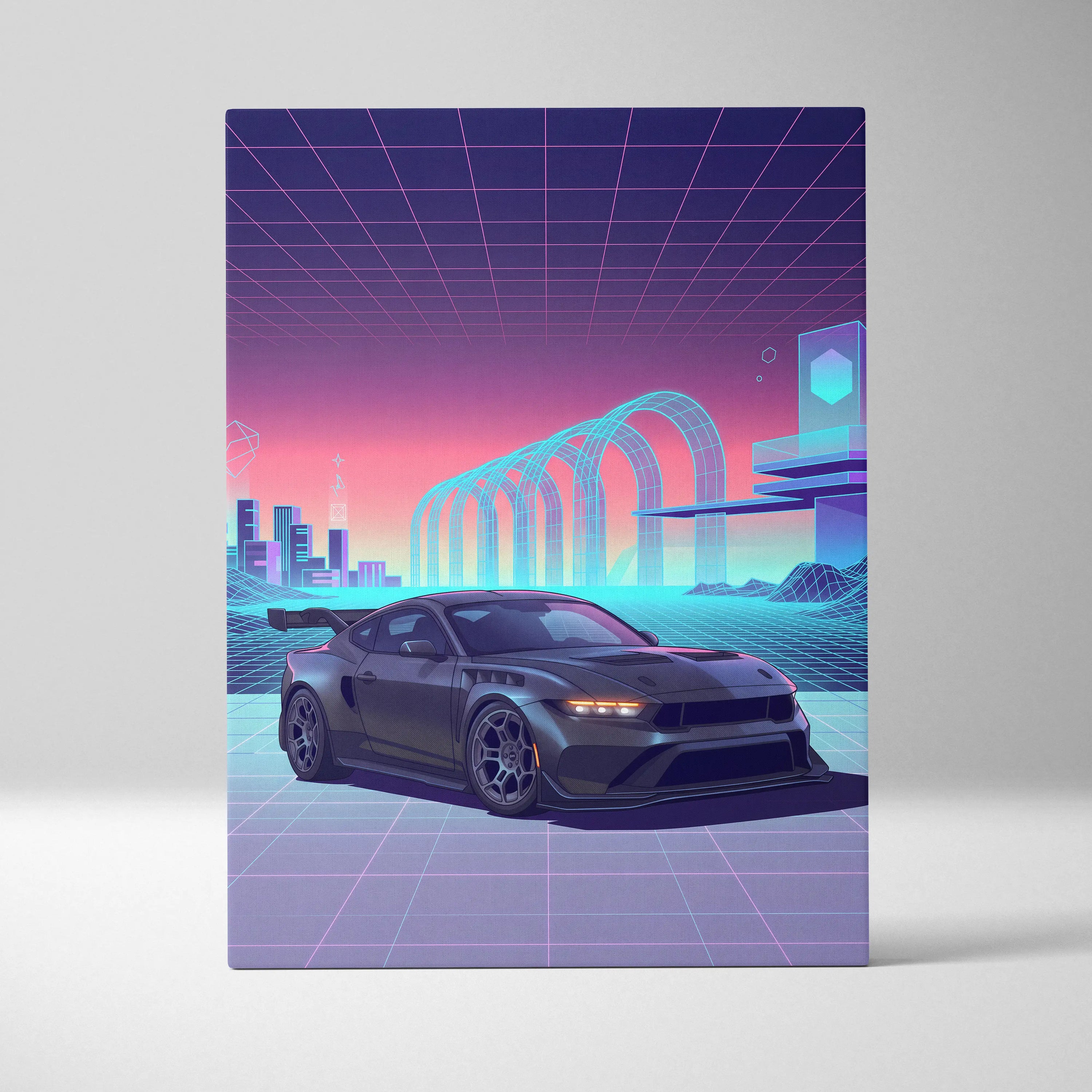 Ford Mustang Dark Horse Inspired Gray Purple Canvas Wall Art, Vaporwave Muscle Car Artwork, Neon Grid Garage Decor, Retro Futuristic Auto Print