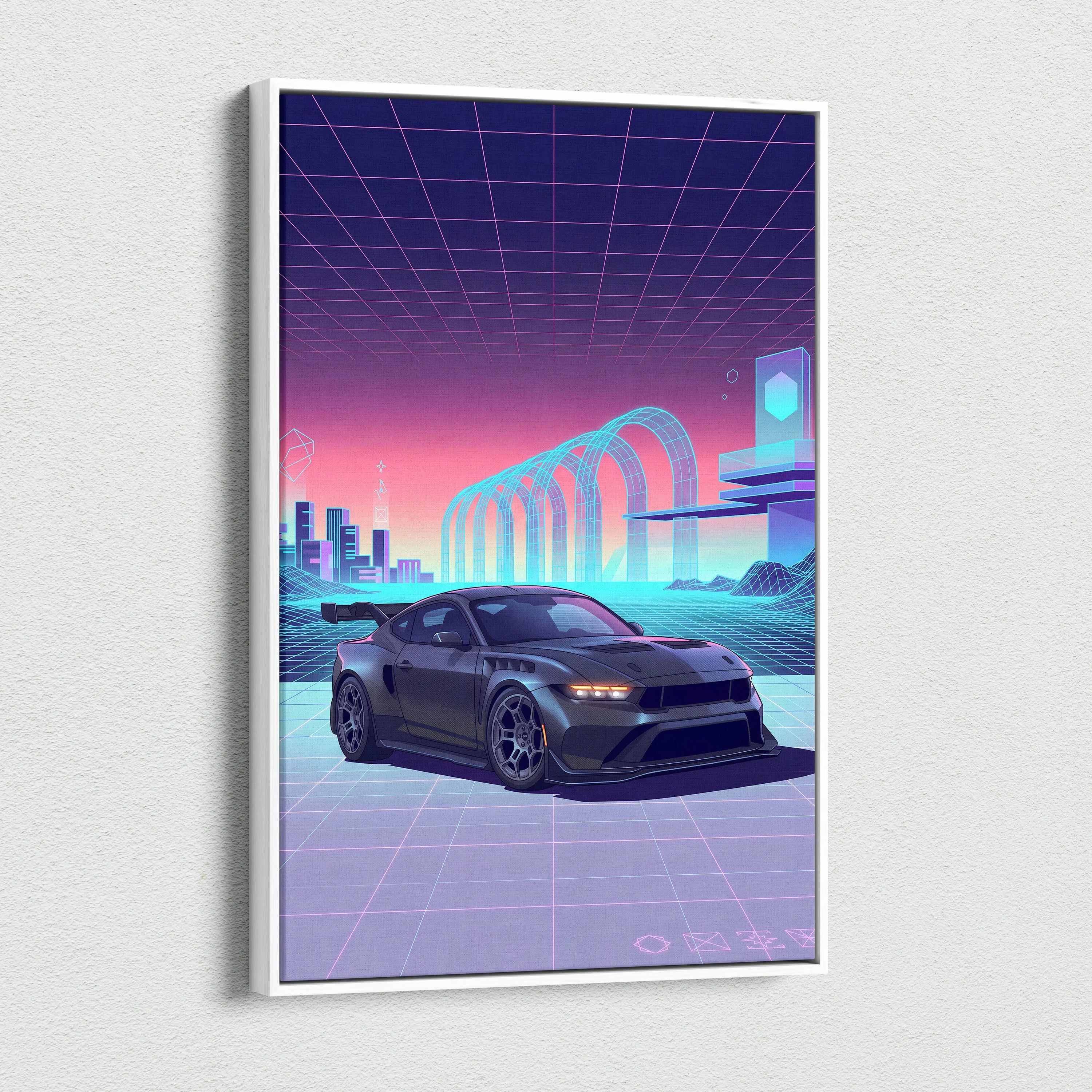 Ford Mustang Dark Horse Inspired Gray Purple Canvas Wall Art, Vaporwave Muscle Car Artwork, Neon Grid Garage Decor, Retro Futuristic Auto Print