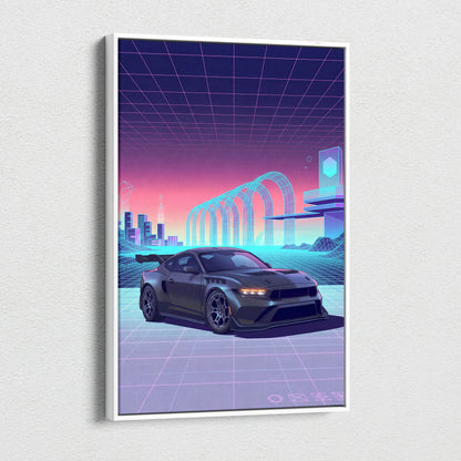 Ford Mustang Dark Horse Inspired Gray Purple Canvas Wall Art, Vaporwave Muscle Car Artwork, Neon Grid Garage Decor, Retro Futuristic Auto Print