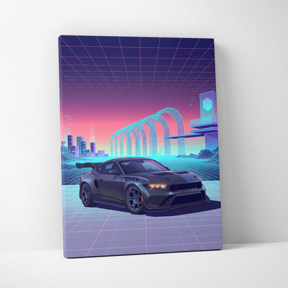 Ford Mustang Dark Horse Inspired Gray Purple Canvas Wall Art, Vaporwave Muscle Car Artwork, Neon Grid Garage Decor, Retro Futuristic Auto Print