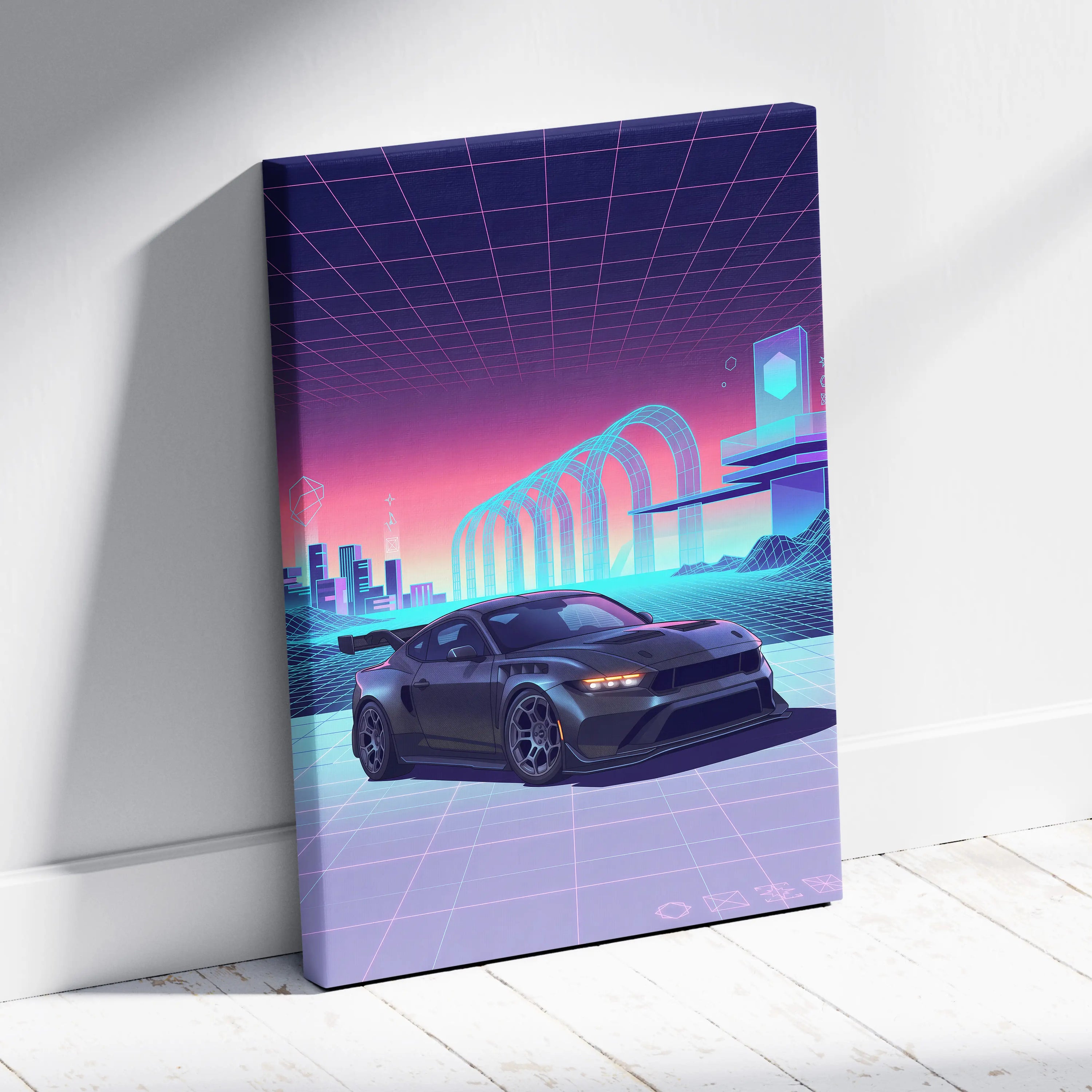 Ford Mustang Dark Horse Inspired Gray Purple Canvas Wall Art, Vaporwave Muscle Car Artwork, Neon Grid Garage Decor, Retro Futuristic Auto Print