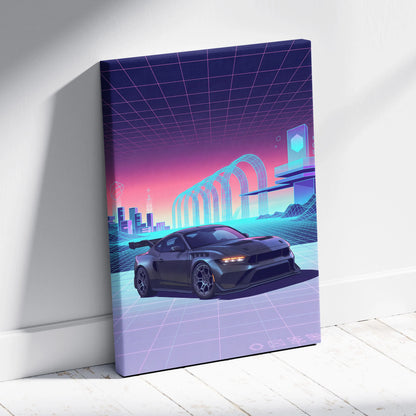 Ford Mustang Dark Horse Inspired Gray Purple Canvas Wall Art, Vaporwave Muscle Car Artwork, Neon Grid Garage Decor, Retro Futuristic Auto Print