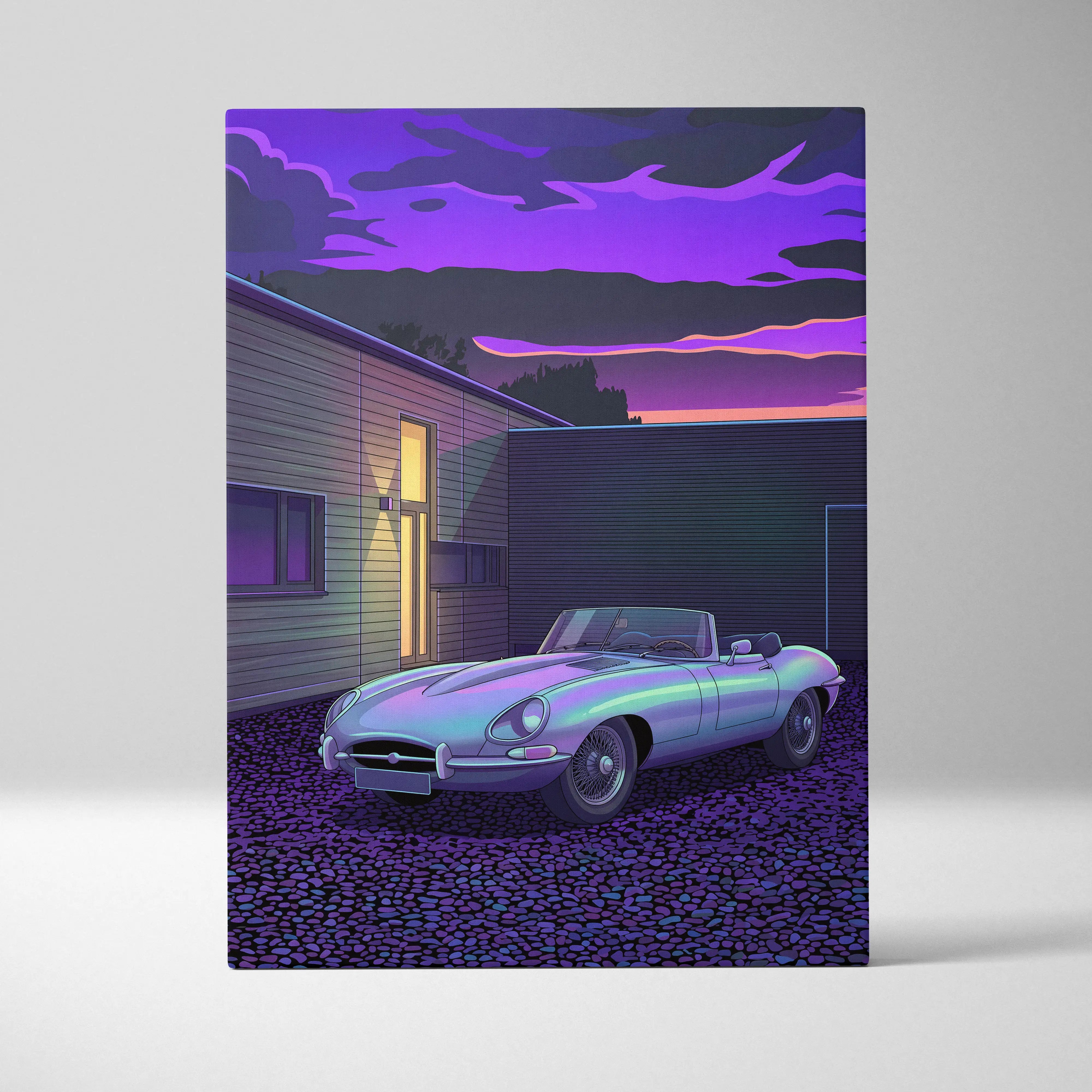 Silver purple canvas wall art featuring a sleek iridescent silver convertible sports car with chrome accents and vaporwave style