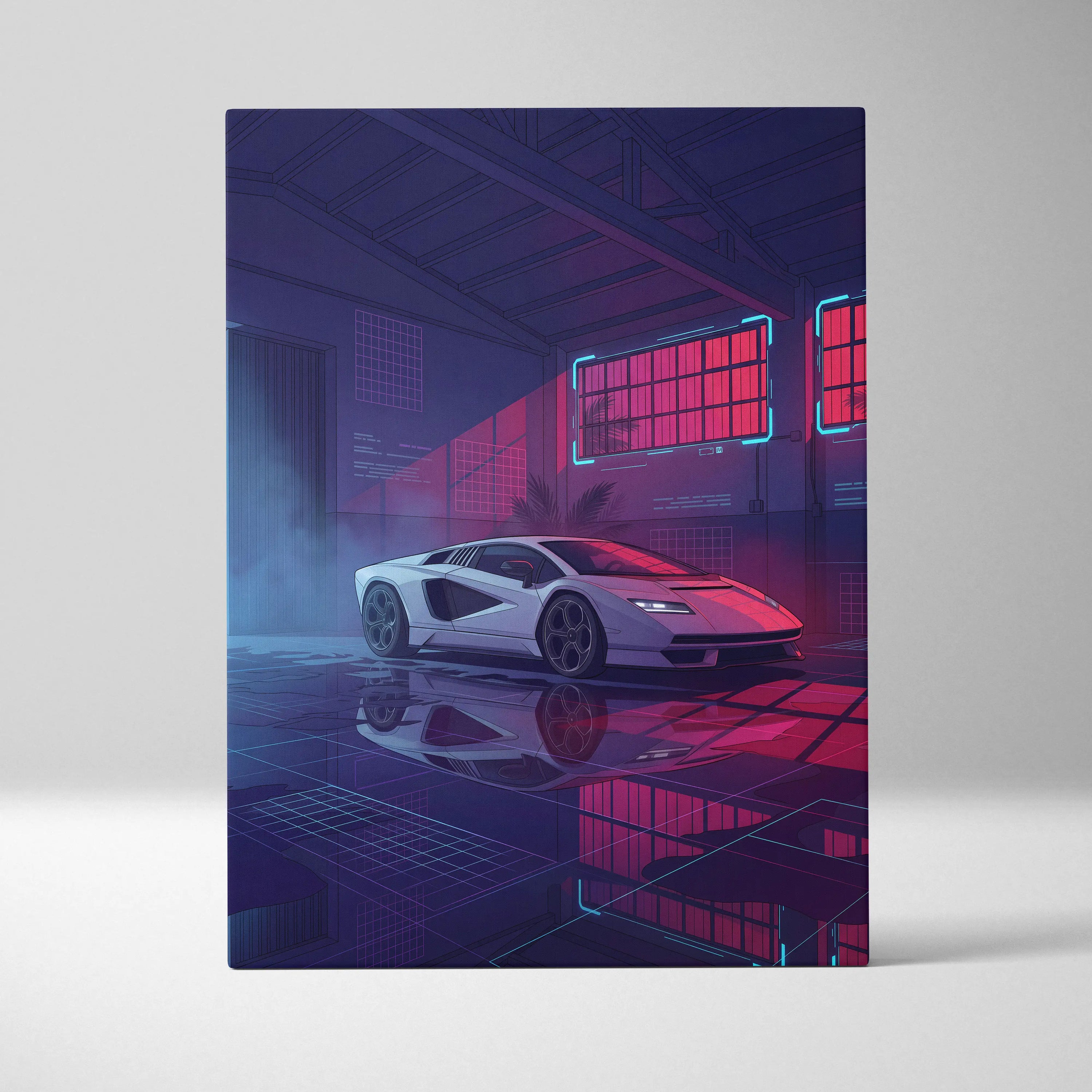Lamborghini Countach LP 800 Inspired White Purple Canvas Wall Art, Vaporwave Supercar Artwork, Neon Warehouse Decor, Retro Futuristic Exotic Print
