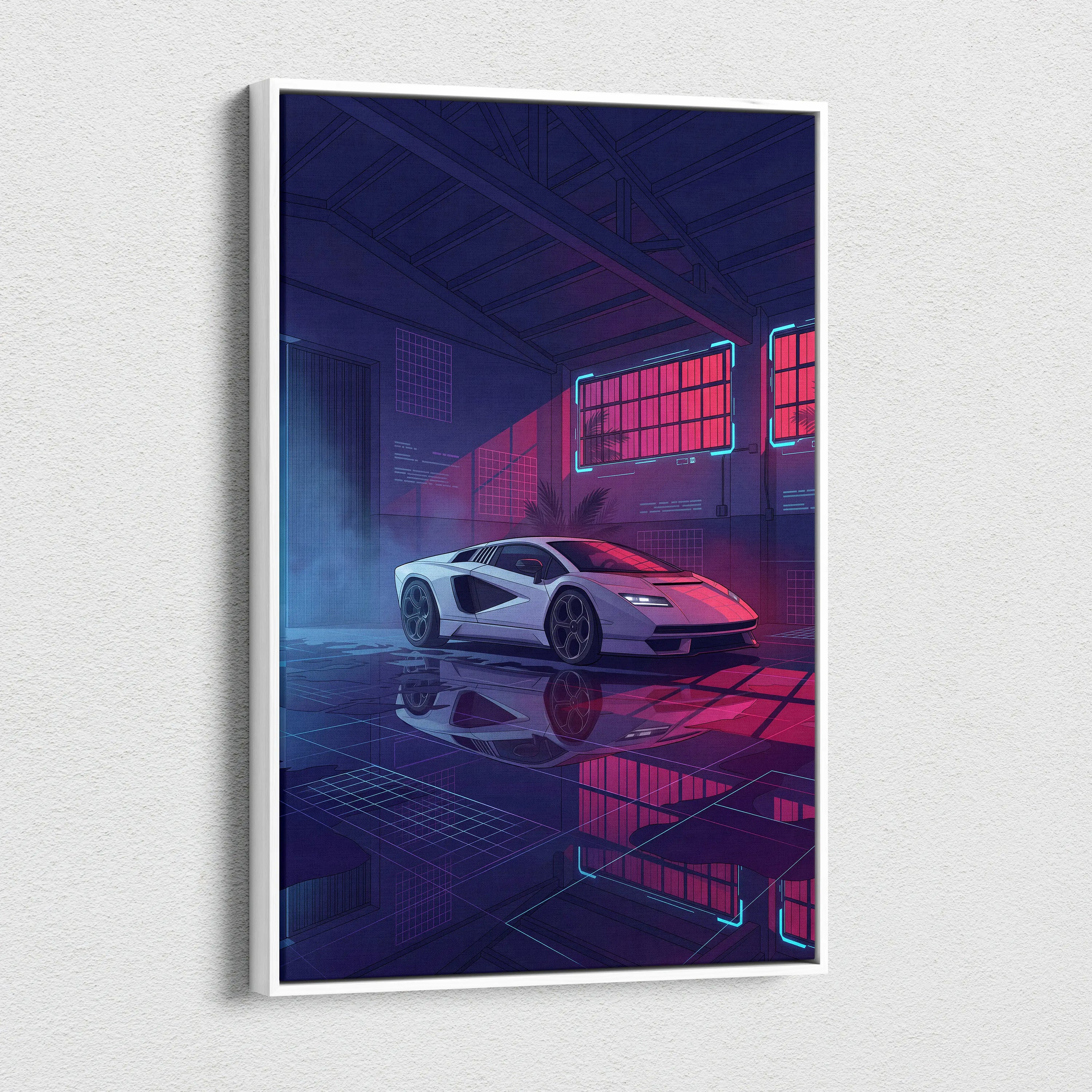 Lamborghini Countach LP 800 Inspired White Purple Canvas Wall Art, Vaporwave Supercar Artwork, Neon Warehouse Decor, Retro Futuristic Exotic Print