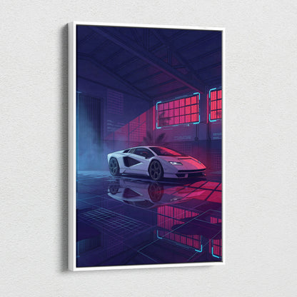 Lamborghini Countach LP 800 Inspired White Purple Canvas Wall Art, Vaporwave Supercar Artwork, Neon Warehouse Decor, Retro Futuristic Exotic Print