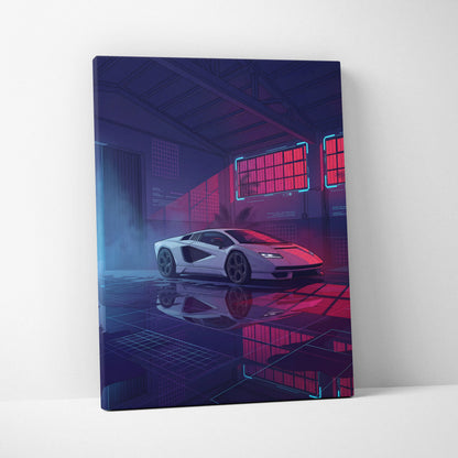 Lamborghini Countach LP 800 Inspired White Purple Canvas Wall Art, Vaporwave Supercar Artwork, Neon Warehouse Decor, Retro Futuristic Exotic Print