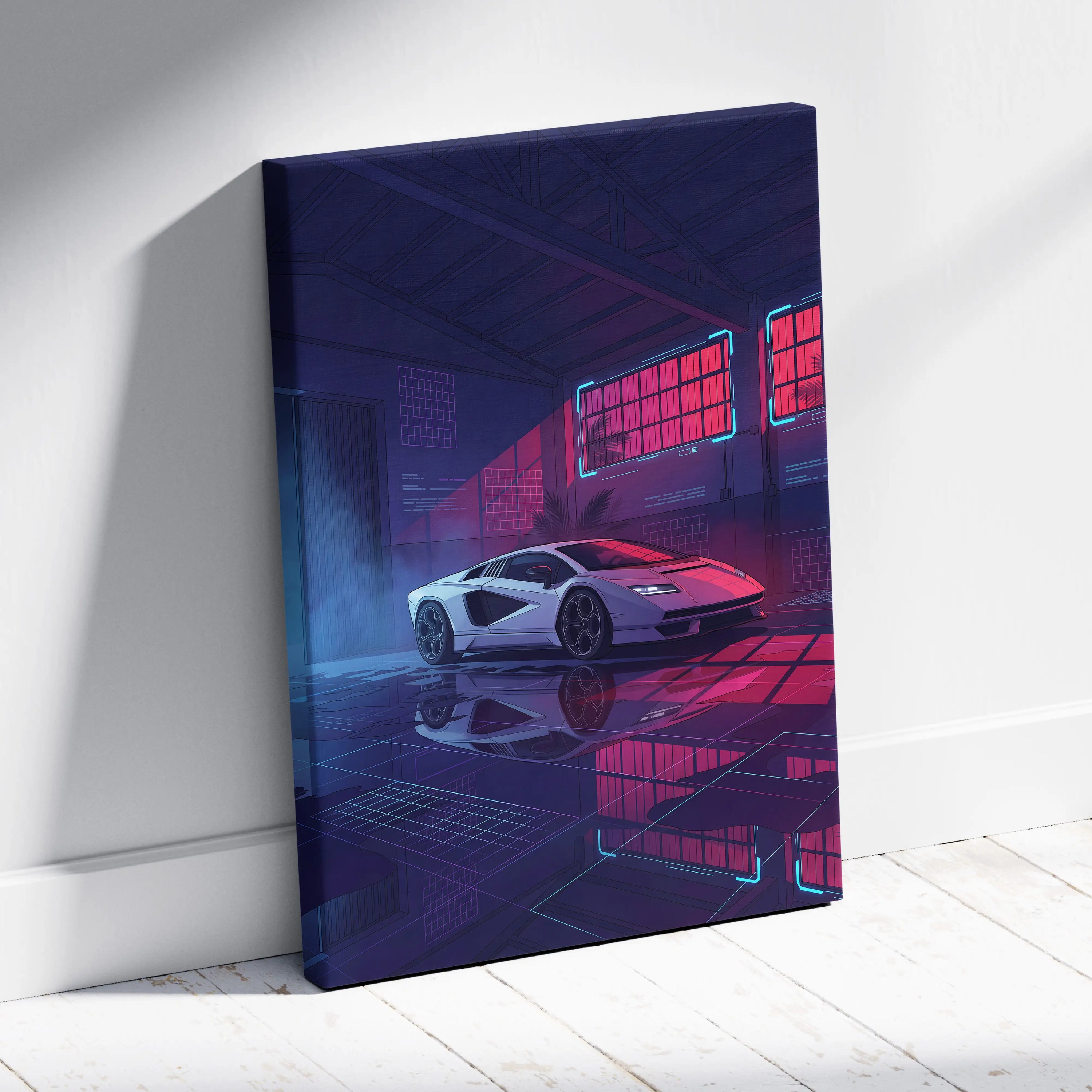 Lamborghini Countach LP 800 Inspired White Purple Canvas Wall Art, Vaporwave Supercar Artwork, Neon Warehouse Decor, Retro Futuristic Exotic Print
