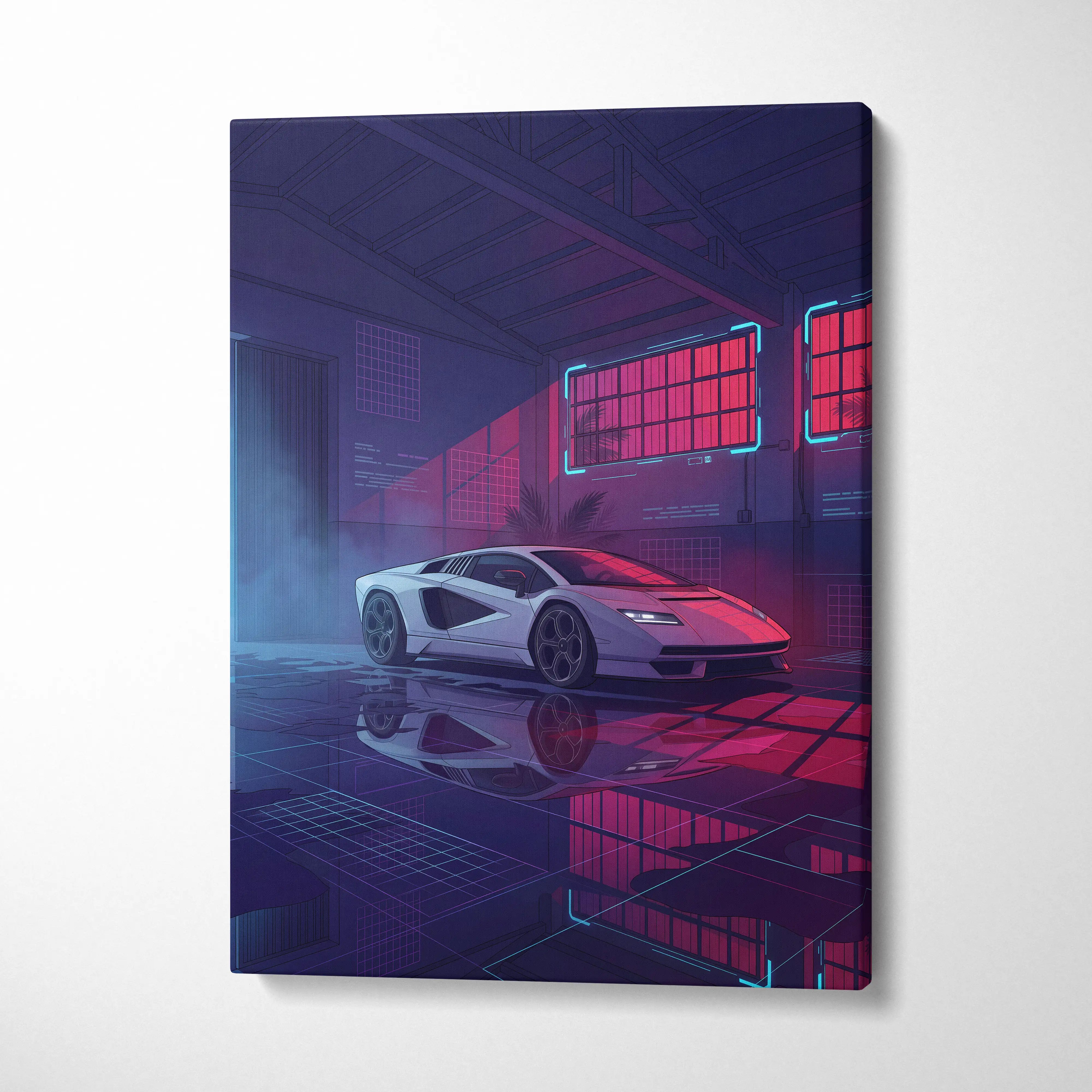 Lamborghini Countach LP 800 Inspired White Purple Canvas Wall Art, Vaporwave Supercar Artwork, Neon Warehouse Decor, Retro Futuristic Exotic Print