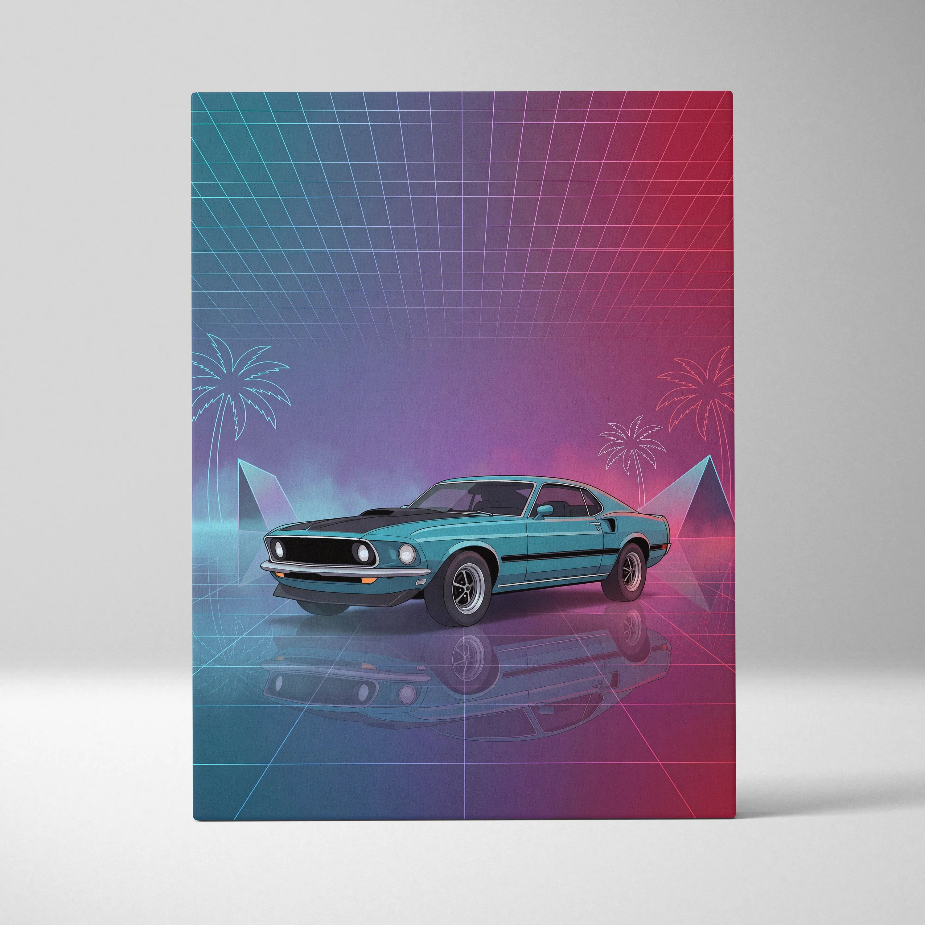 Ford Mustang Mach 1 Inspired Teal Pink Canvas Wall Art, Vaporwave Muscle Car Artwork, Neon Grid Garage Decor, Retro Futuristic Classic Print