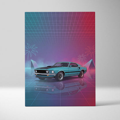 Ford Mustang Mach 1 Inspired Teal Pink Canvas Wall Art, Vaporwave Muscle Car Artwork, Neon Grid Garage Decor, Retro Futuristic Classic Print