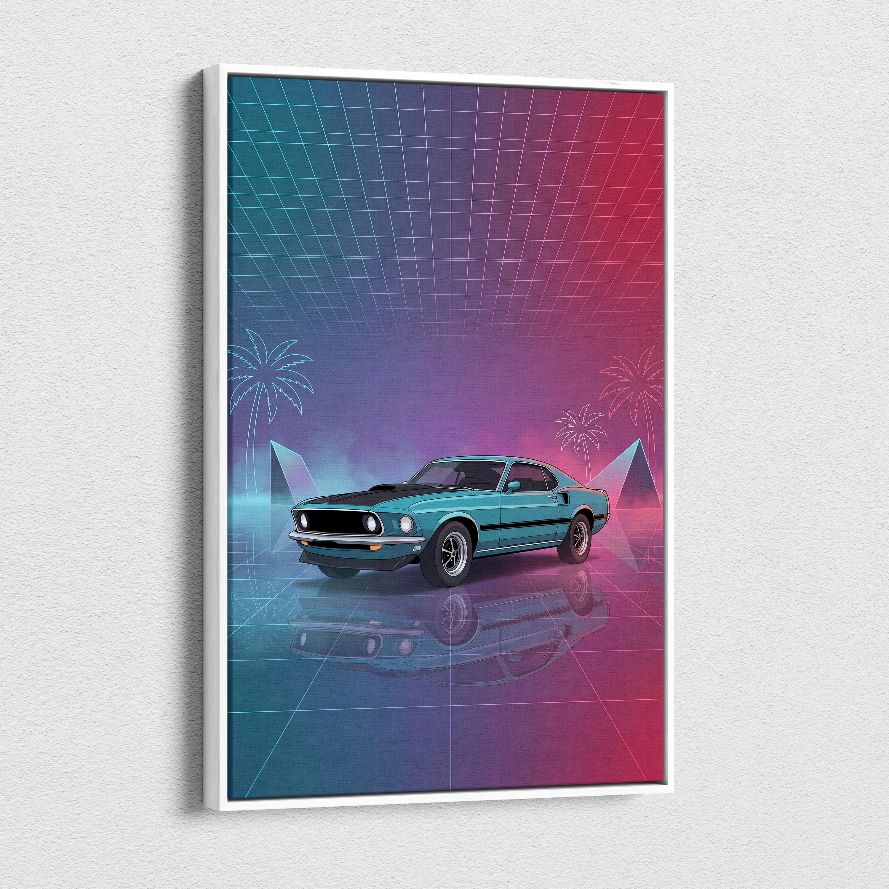 Ford Mustang Mach 1 Inspired Teal Pink Canvas Wall Art, Vaporwave Muscle Car Artwork, Neon Grid Garage Decor, Retro Futuristic Classic Print