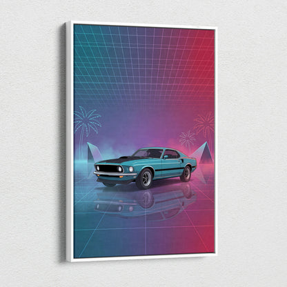 Ford Mustang Mach 1 Inspired Teal Pink Canvas Wall Art, Vaporwave Muscle Car Artwork, Neon Grid Garage Decor, Retro Futuristic Classic Print