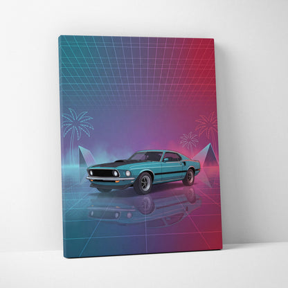 Ford Mustang Mach 1 Inspired Teal Pink Canvas Wall Art, Vaporwave Muscle Car Artwork, Neon Grid Garage Decor, Retro Futuristic Classic Print
