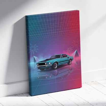 Ford Mustang Mach 1 Inspired Teal Pink Canvas Wall Art, Vaporwave Muscle Car Artwork, Neon Grid Garage Decor, Retro Futuristic Classic Print