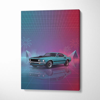 Ford Mustang Mach 1 Inspired Teal Pink Canvas Wall Art, Vaporwave Muscle Car Artwork, Neon Grid Garage Decor, Retro Futuristic Classic Print