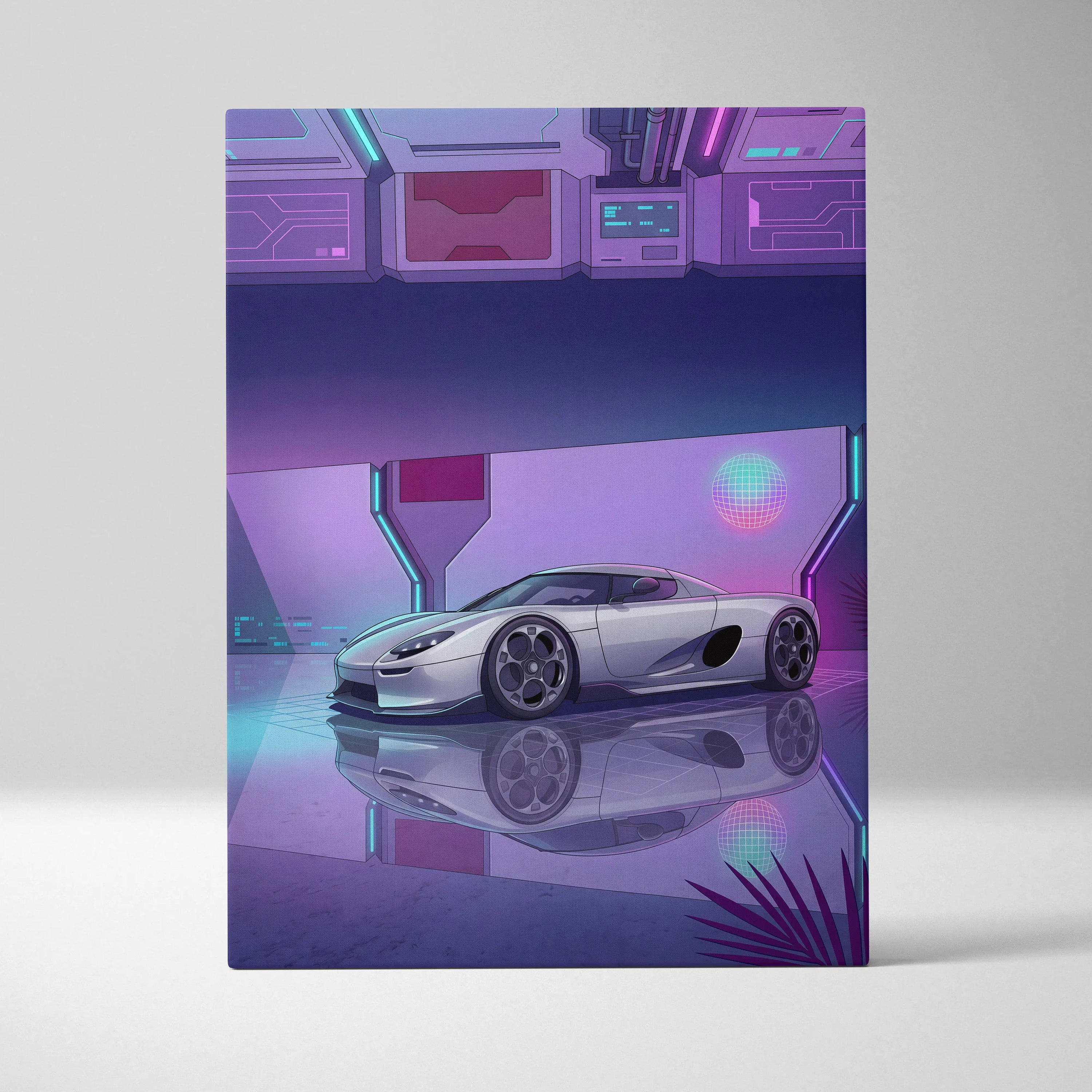 Koenigsegg CCX Inspired Silver Purple Canvas Wall Art, Vaporwave Hypercar Artwork, Neon Grid Garage Decor, Retro Futuristic Exotic Print