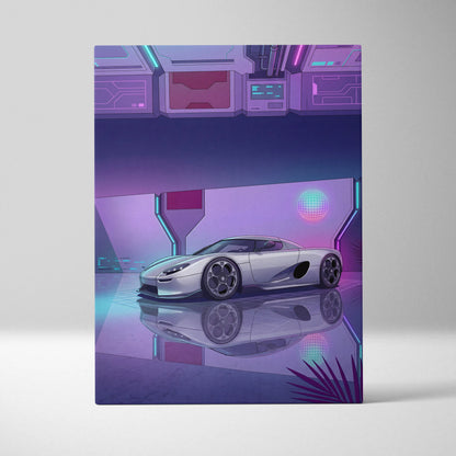 Koenigsegg CCX Inspired Silver Purple Canvas Wall Art, Vaporwave Hypercar Artwork, Neon Grid Garage Decor, Retro Futuristic Exotic Print