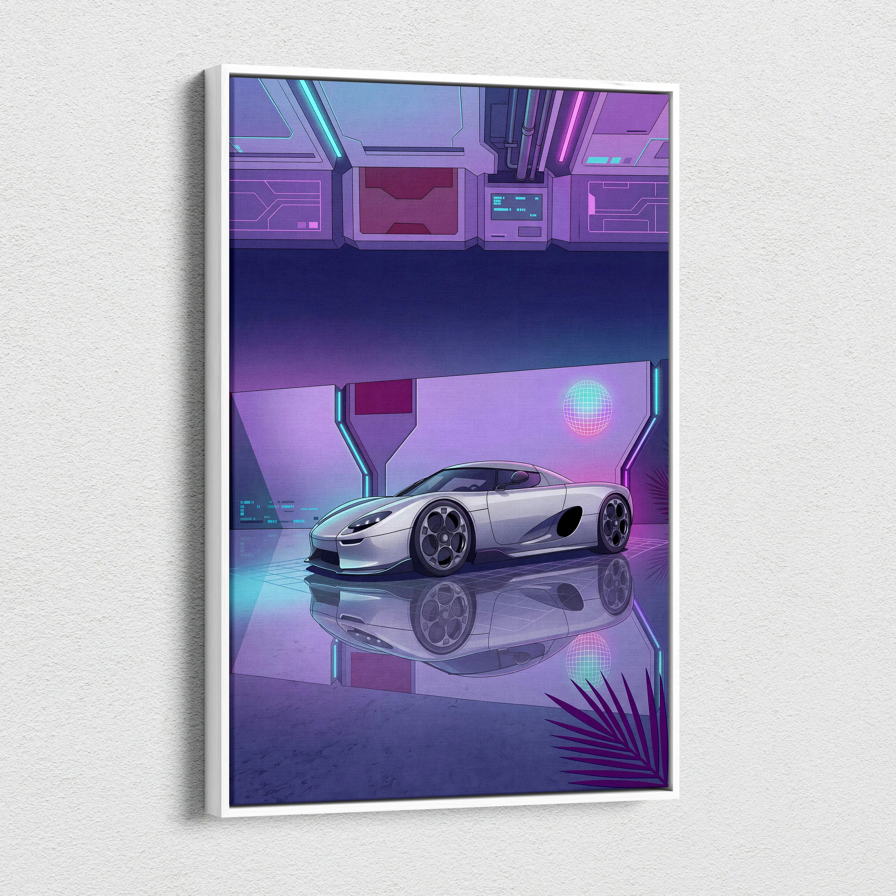 Koenigsegg CCX Inspired Silver Purple Canvas Wall Art, Vaporwave Hypercar Artwork, Neon Grid Garage Decor, Retro Futuristic Exotic Print
