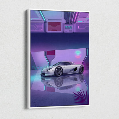 Koenigsegg CCX Inspired Silver Purple Canvas Wall Art, Vaporwave Hypercar Artwork, Neon Grid Garage Decor, Retro Futuristic Exotic Print