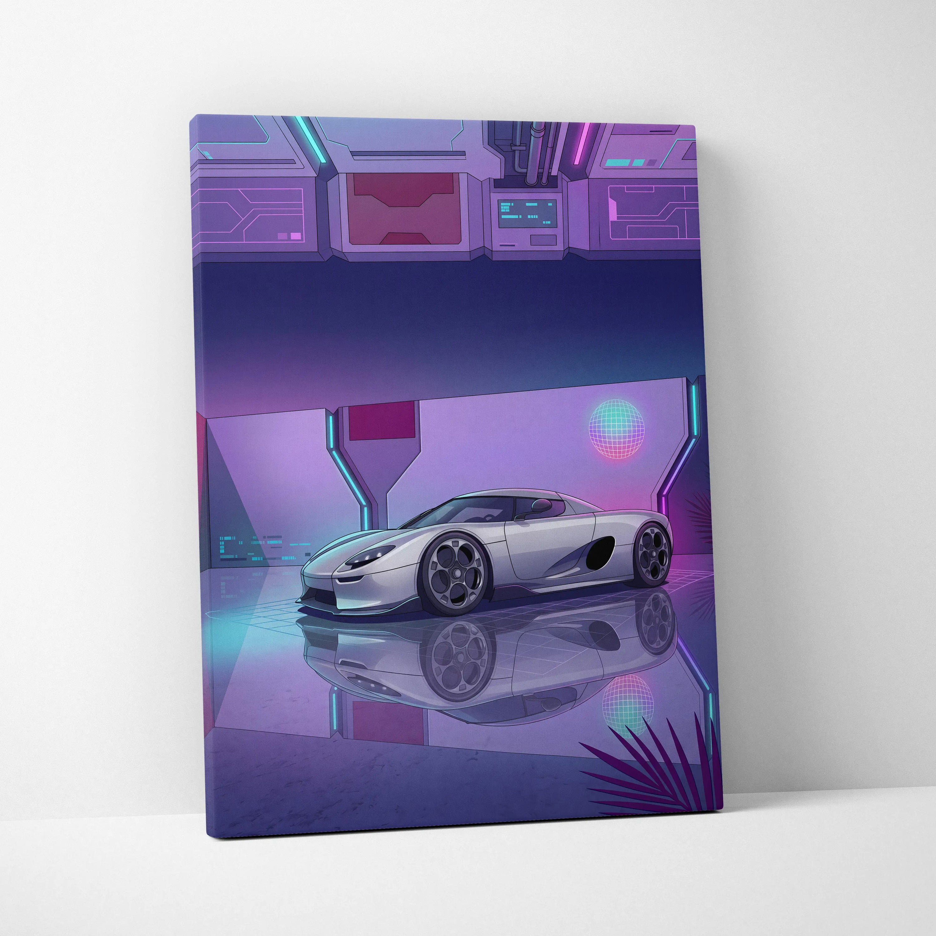 Koenigsegg CCX Inspired Silver Purple Canvas Wall Art, Vaporwave Hypercar Artwork, Neon Grid Garage Decor, Retro Futuristic Exotic Print