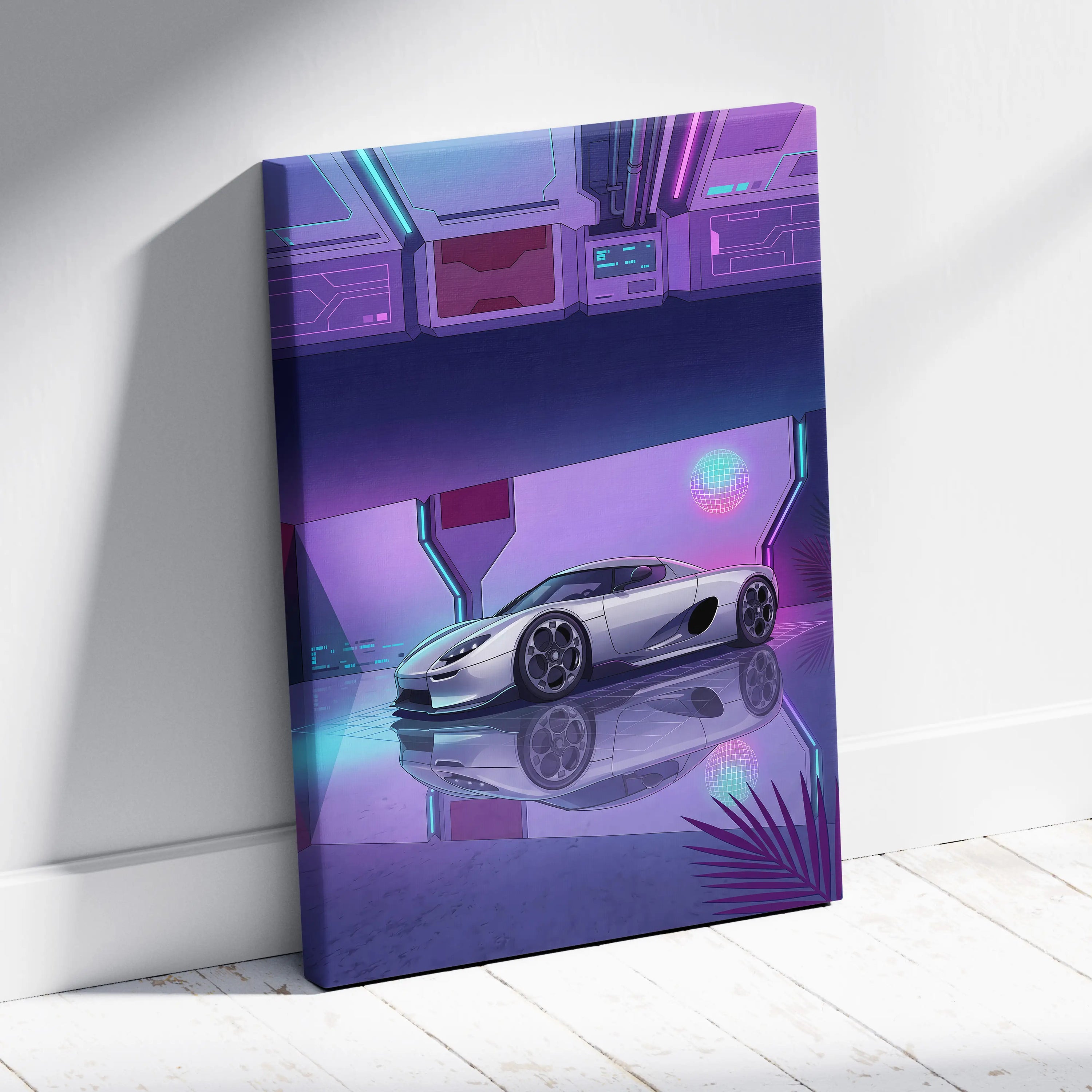 Koenigsegg CCX Inspired Silver Purple Canvas Wall Art, Vaporwave Hypercar Artwork, Neon Grid Garage Decor, Retro Futuristic Exotic Print