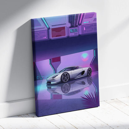Koenigsegg CCX Inspired Silver Purple Canvas Wall Art, Vaporwave Hypercar Artwork, Neon Grid Garage Decor, Retro Futuristic Exotic Print