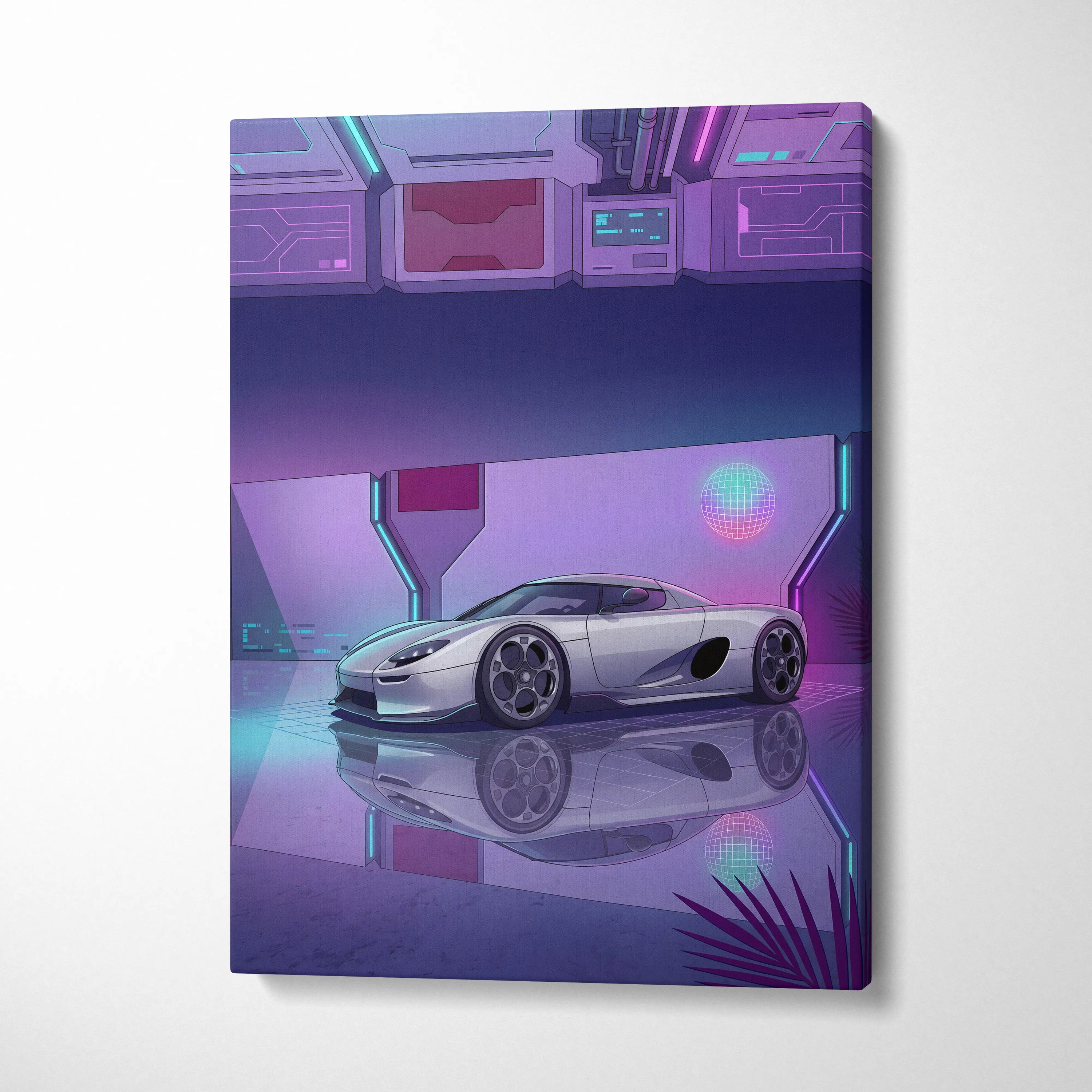 Koenigsegg CCX Inspired Silver Purple Canvas Wall Art, Vaporwave Hypercar Artwork, Neon Grid Garage Decor, Retro Futuristic Exotic Print