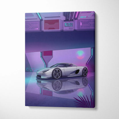 Koenigsegg CCX Inspired Silver Purple Canvas Wall Art, Vaporwave Hypercar Artwork, Neon Grid Garage Decor, Retro Futuristic Exotic Print