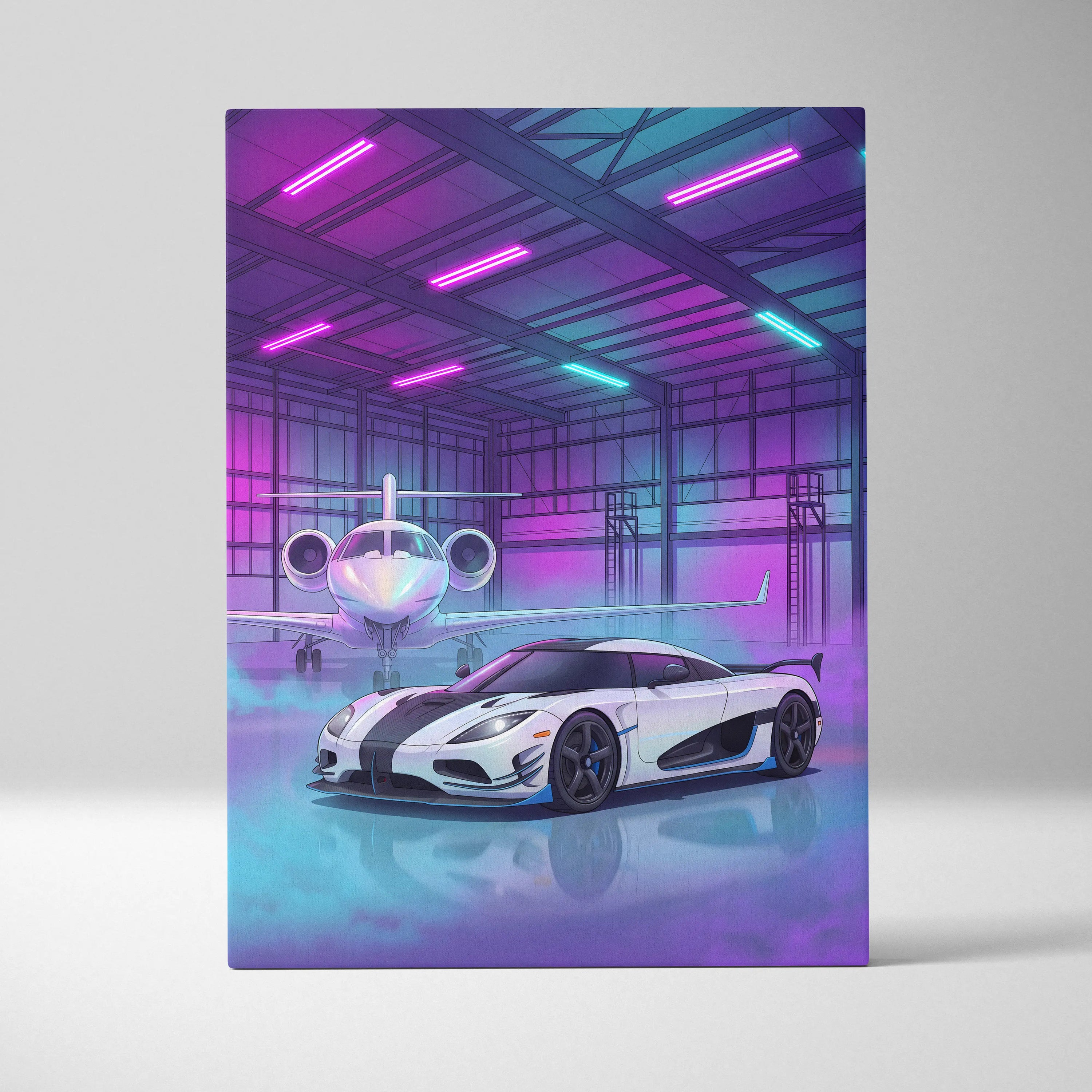 Koenigsegg Agera RS Inspired White Purple Canvas Wall Art, Vaporwave Hypercar Artwork, Neon Jet Hangar Decor, Retro Futuristic Exotic Car Print