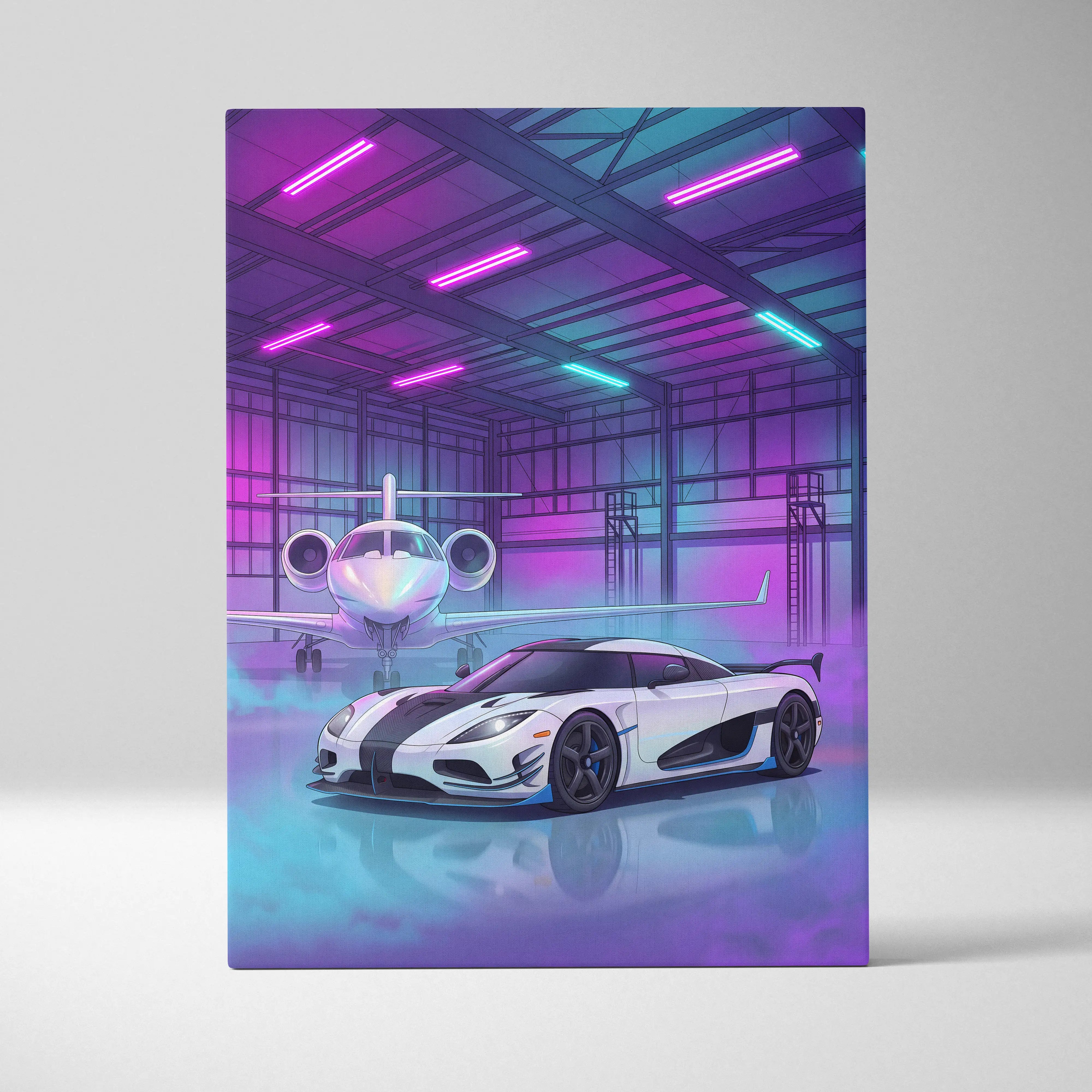 Koenigsegg agera rs inspired white canvas wall art featuring a sleek hypercar with black stripes in a neon hangar